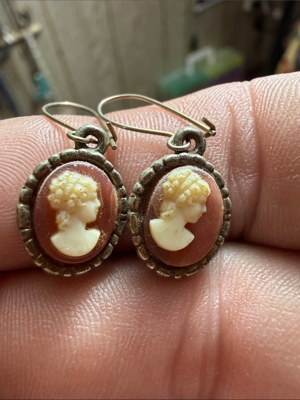 Vintage Cameo Drop Earrings - Pink and Cream Profile Cameo